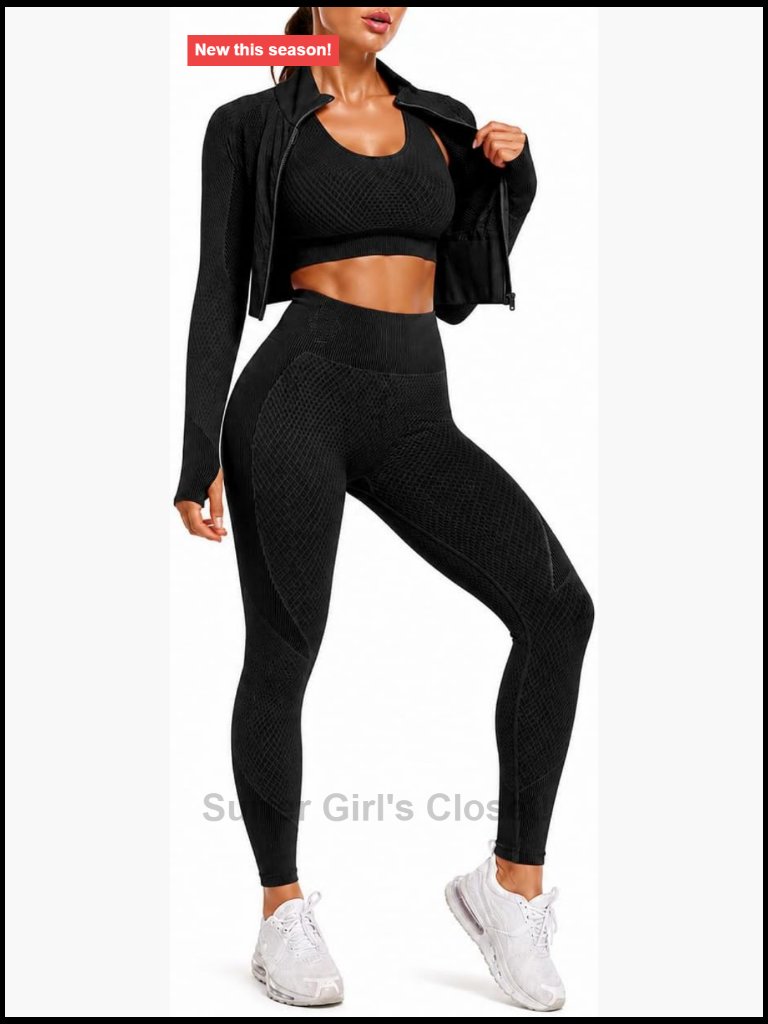 3 Piece Seamless Workout Set With Jacket, Sports Bra & Leggings
